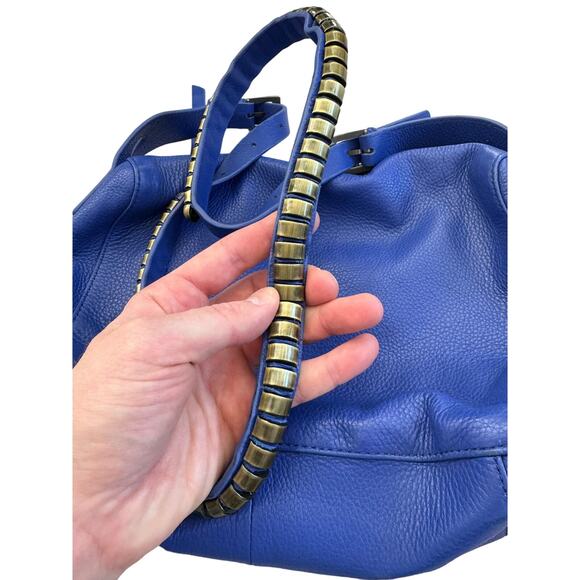 Kelsi Dagger Royal Blue Pebble Leather, Gold Studded Shoulder Crossbody Bag - Picture 12 of 14
